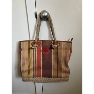 tory burch baja stripe jaden tote bag Canvas beach bag Leather hippie rope